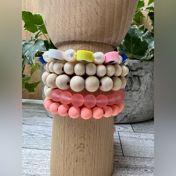 Pink & Beige Bohemian Stacked Bead Bracelet Set - Hippie Chic Bracelets - Picture 5 of 10